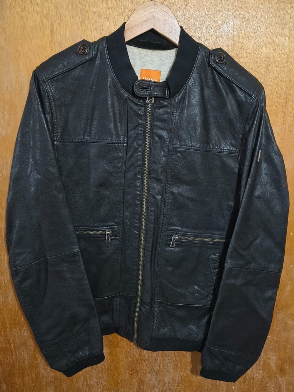 BOSS Black Leather Bomber Jacket with Zip Pockets